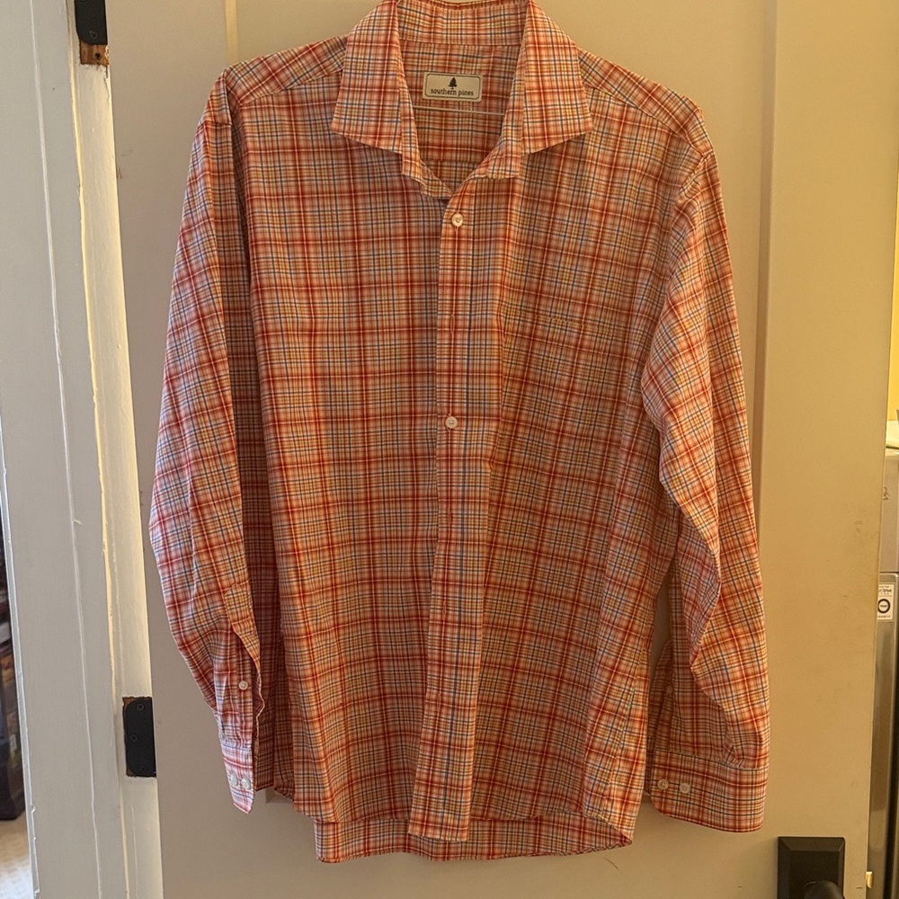 Men's Orange and White Plaid Button Down Shirt